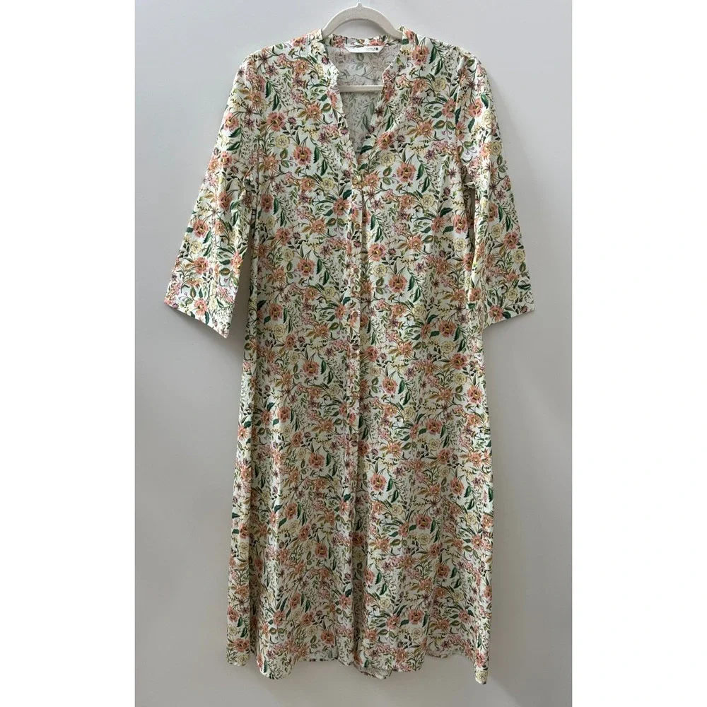 Zara Floral Button Front Cotton Shirt Dress Cottagecore Botanical Women's Medium - Picture 13 of 13